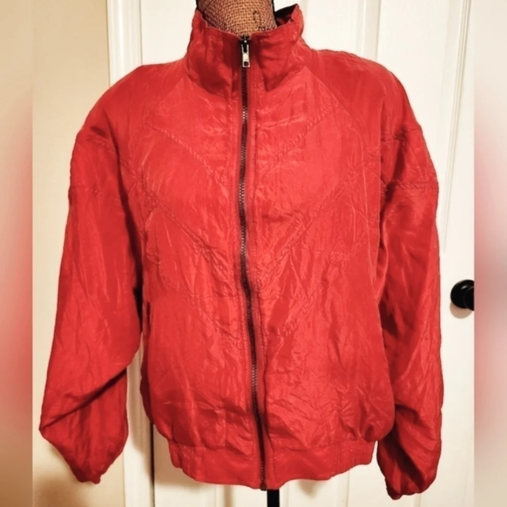 Vintage Jack Mulqueen 100% Silk Red Jacket Women's Large L Zip Pockets Soft EUC